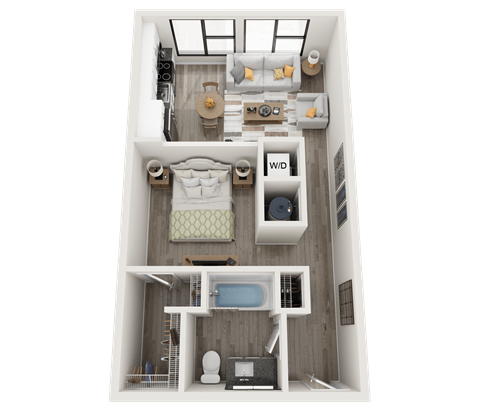Floor plan for 1 bed, 1 bath, 584 sqft